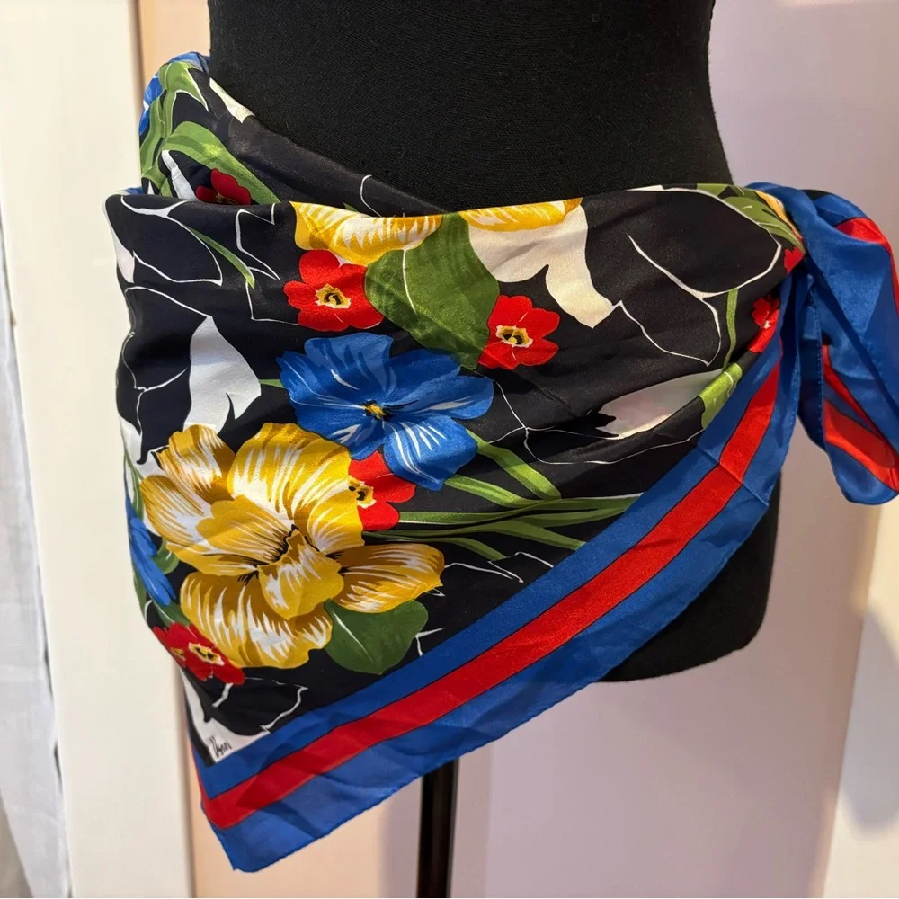Vera Neumann Floral Silk Scarf in Blue, Red, Black.  One size